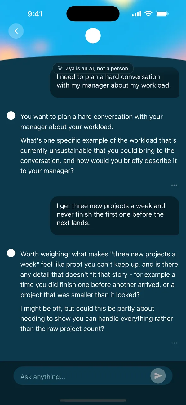 Becoming chat screen: a user plans a hard conversation with their manager and Zya asks a follow-up question.