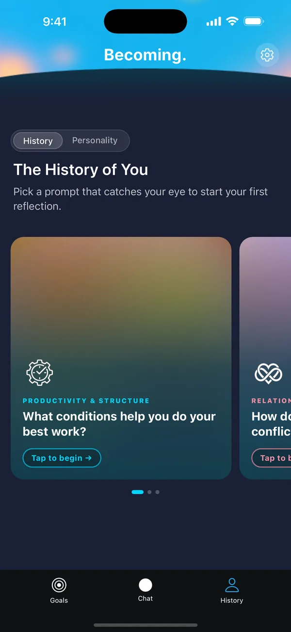 The History of You screen with reflection prompts.