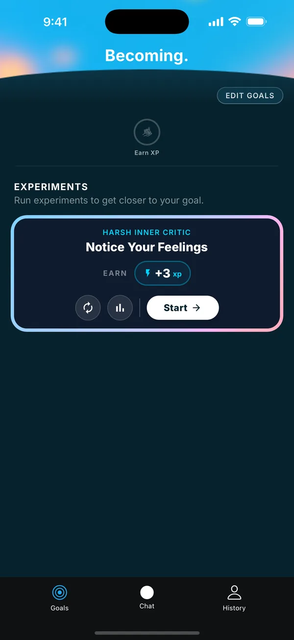 The Goals tab with an experiment card.