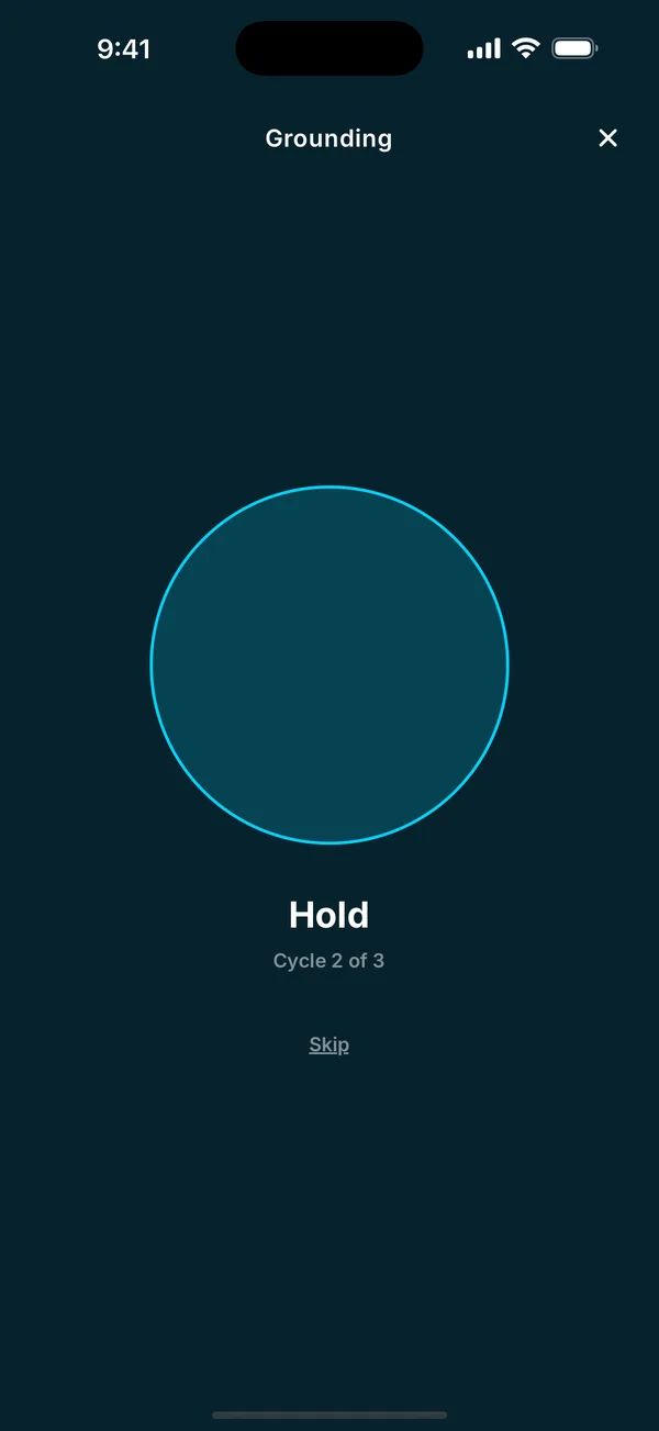 A grounding breathing exercise with a cyan ring.
