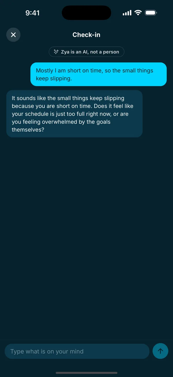 A check-in chat with Zya.